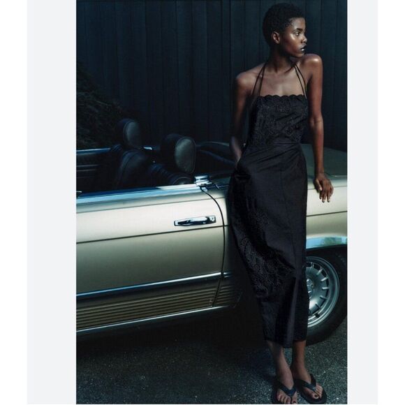 Zara Womens Dress XL Black Embroidered Eyelet Midi Backless A-Line 5107/246 NWT - Picture 2 of 10